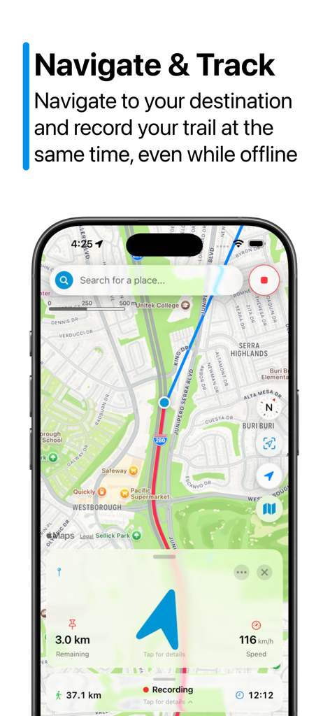 iPhone 화면에 Rahhal 앱이 표시되고 실시간 내비게이션과 트레일 기록이 지도에 표시됩니다.