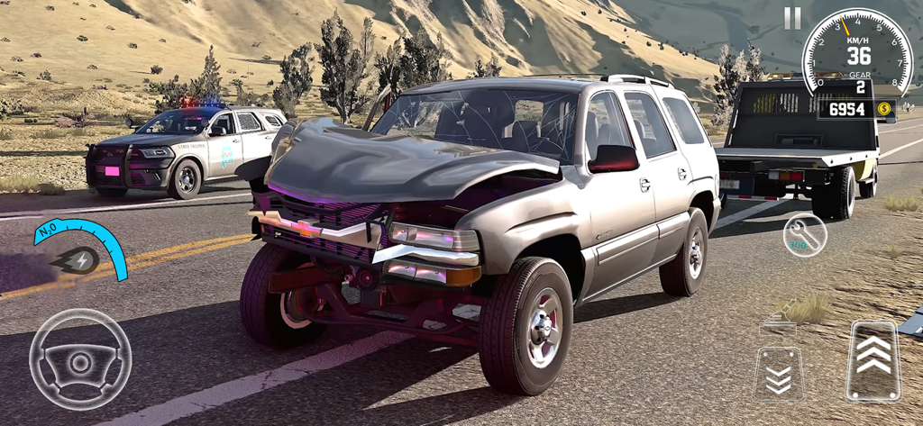 Real Car Crash Game Simulator - A silver SUV with a crushed hood in a car crash simulator game