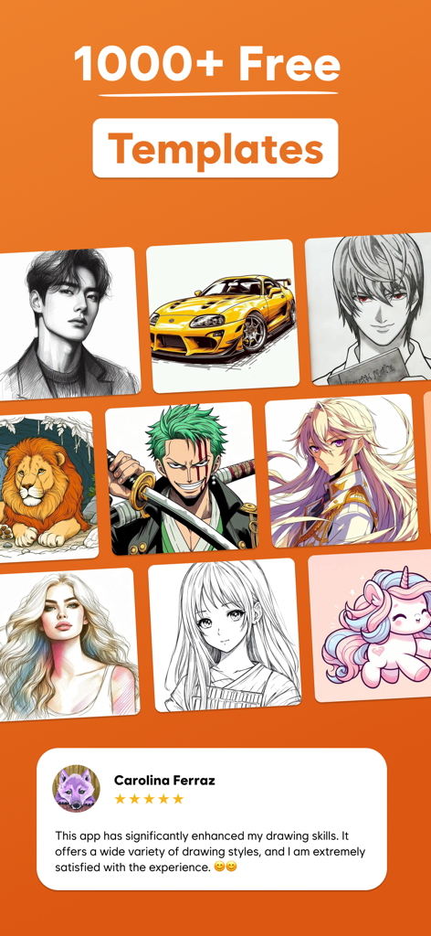 AR Drawing - Trace & Sketch - A display of over 1000 free drawing templates and a user testimonial in the AR Drawing app.