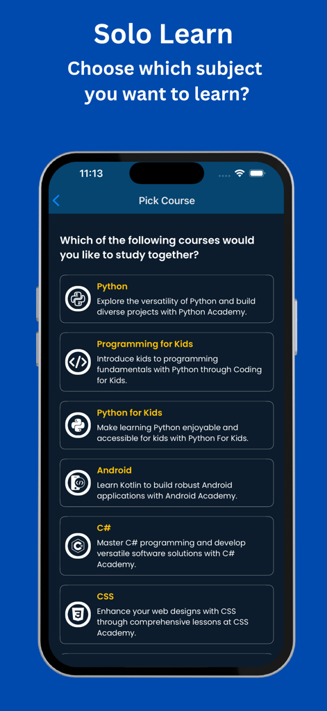CoddyKit: Learn Coding with AI - A mobile interface for CoddyKit showing various coding course options including Python, Programming for Kids, and Android.