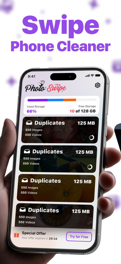 Photo Swipe : Swipe & Delete - Smartphone screen displaying the Photo Swipe app dashboard showing used storage and lists of duplicate photos and videos to delete
