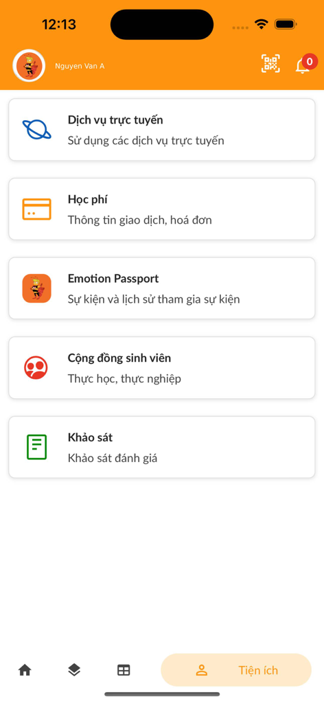 Tableau de bord de l'application myFPL affichant les options d'utilitaires étudiants tels que les frais de scolarité des services en ligne et l'historique des événements.