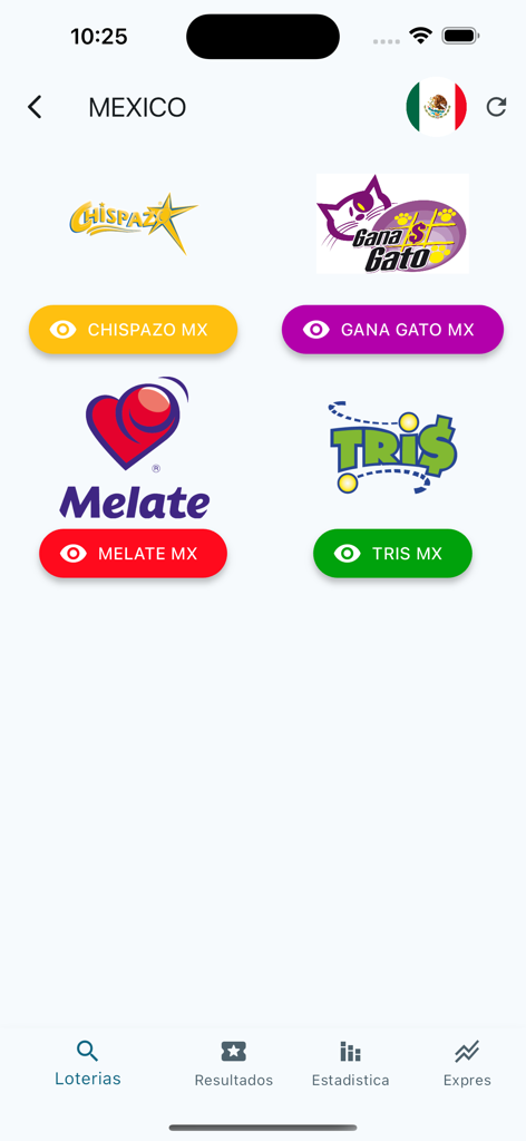 Loto Latina Resultados Loteria - Pantalla de aplicación móvil mostrando varios juegos de lotería mexicanos, incluidos Melate y Chispazo