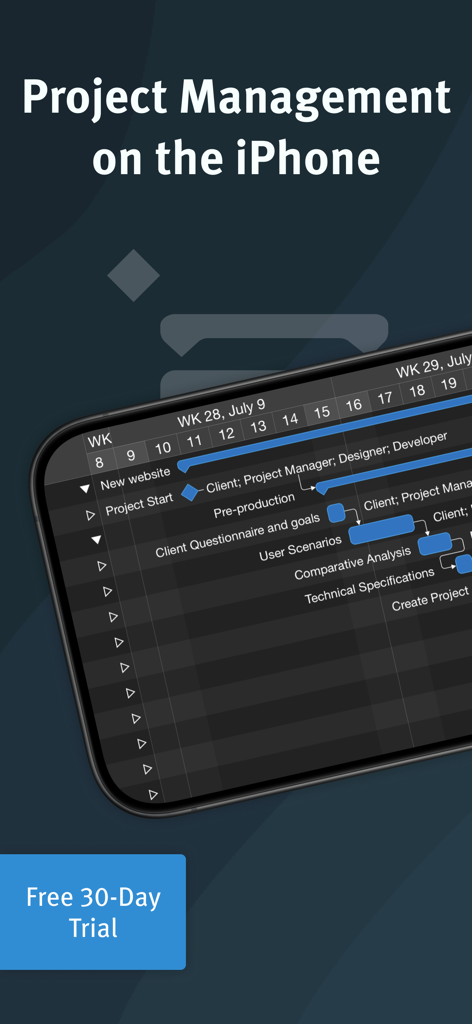 Merlin Project: Gantt + Kanban - Merlin Project app displaying a detailed Gantt chart for project management on an iPhone.
