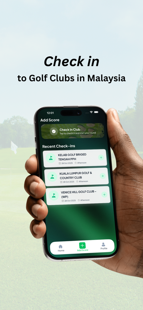 A hand holding a smartphone displaying the MGA WHS app check-in screen for golf clubs in Malaysia.