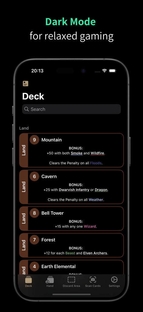 Fantasy Scoring - Fantasy Scoring app interface showing a list of game cards in dark mode for relaxed gaming.