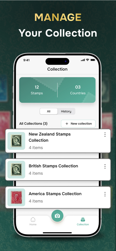 Stamp Value Stamp Identifier - L'interface de gestion de collection de l'application Stamp Value montrant les timbres regroupés par pays.