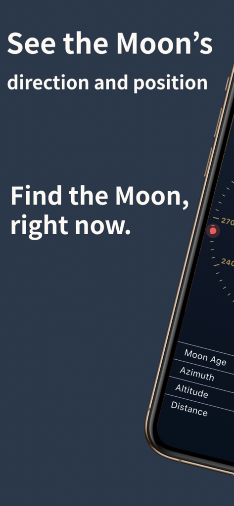 MoonCompass : Find the Moon - Interfaccia dell'app MoonCompass che mostra la posizione e la direzione della luna e dati celesti