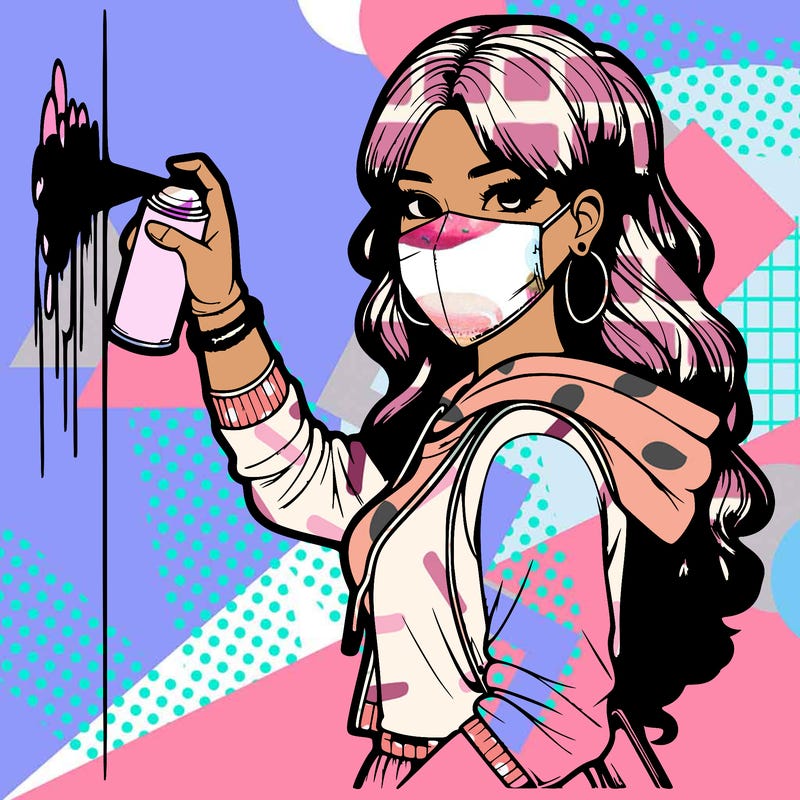 realistic girl with mask spray painting a wall