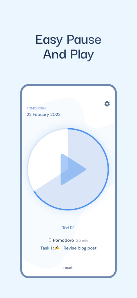 Pomodoro-Timer-Oberfläche auf einem mobilen Bildschirm mit einem großen Wiedergabeschaltfläche und einer Fokus-Sitzung zur Überarbeitung eines Blogbeitrags.