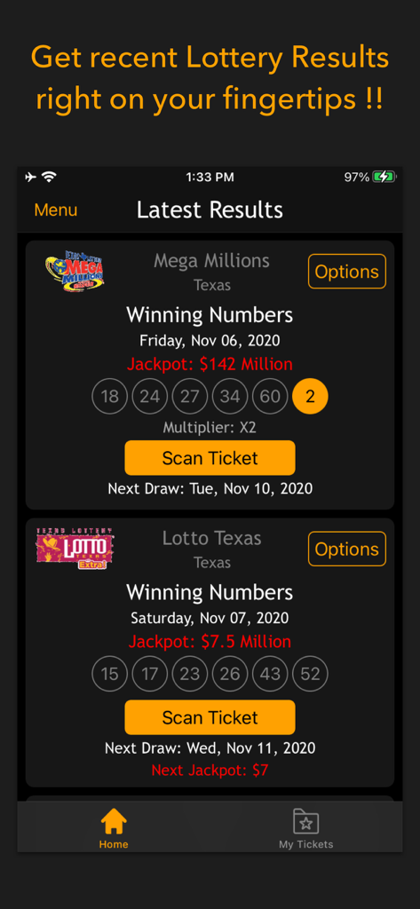 Mobile screen showing latest Mega Millions and Lotto Texas lottery results with winning numbers and scan ticket button