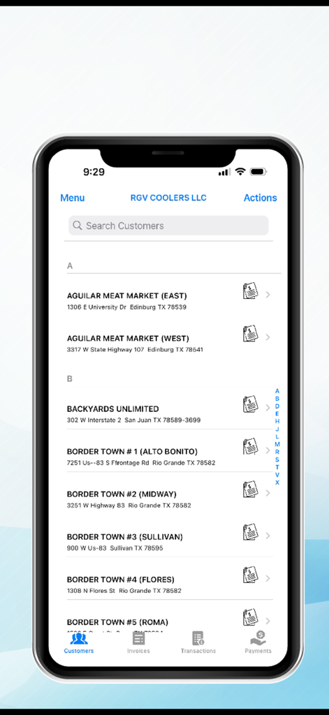 Laceup mobile app showing a searchable customer list with business names and addresses for field sales representatives.