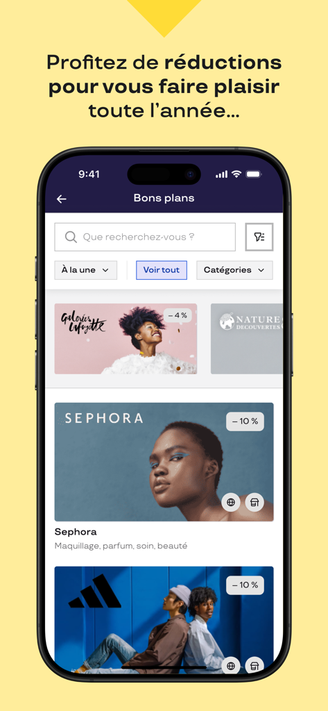 Mobile screen of the Pluxee Cadeaux app displaying various brand discounts and gift card deals for retailers like Sephora and Adidas.