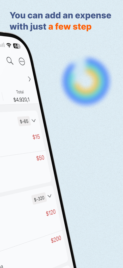 Pantalla de smartphone que muestra la aplicación Money Tracker con una lista de gastos diarios y un saldo total.