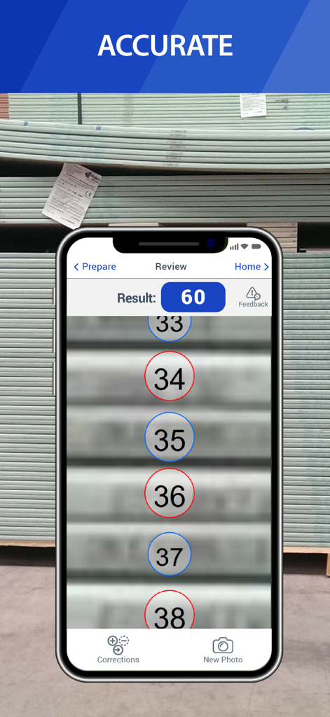 CountThings app interface showing a result of 60 items counted from a photo of stacked construction materials.