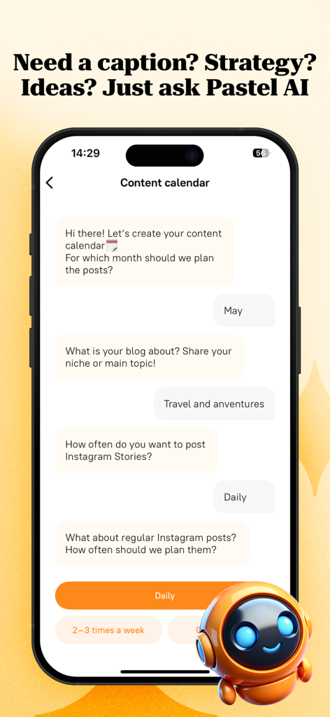 A mobile interface showing the Pastel AI assistant helping a user create a content calendar for Instagram