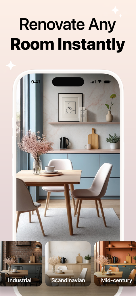 Interium - AI Home Design - A smartphone screen showing the Interium app interface for renovating a kitchen into Industrial Scandinavian or Mid-century styles.