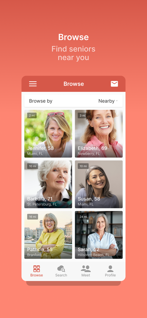 Senior Next dating app browse interface displaying profile cards of senior women with their name, age, and location