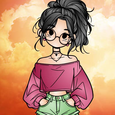 girl with a messy ponytail glasses a baggy crop top and jean shorts