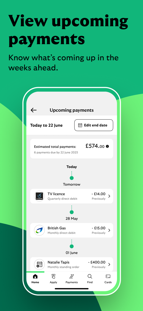 Lloyds Mobile Banking - Interface de l'application Lloyds Mobile Banking montrant une chronologie des paiements à venir et les coûts totaux estimés