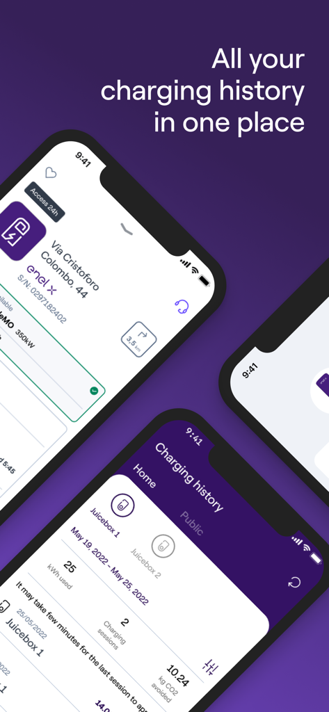 L'app Enel X Way visualizza la cronologia di ricarica dei veicoli elettrici, inclusi dati sul consumo energetico e sulla riduzione di CO2