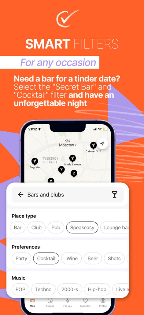 UPTOWN - map of places in town - UPTOWN app interface showing smart filters to find bars and clubs by place type preferences and music