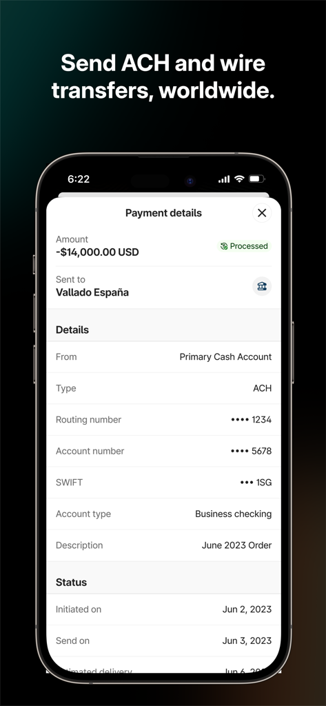 Brex mobile app interface showing payment details for an ACH transfer including amount, recipient, and status