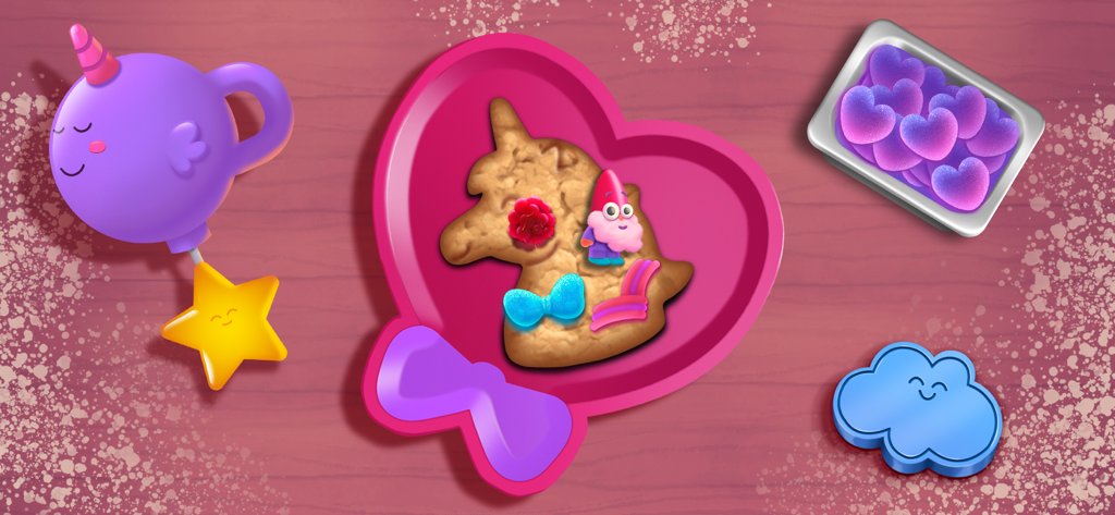 A unicorn shaped cookie decorated with colorful toppings on a pink heart tray