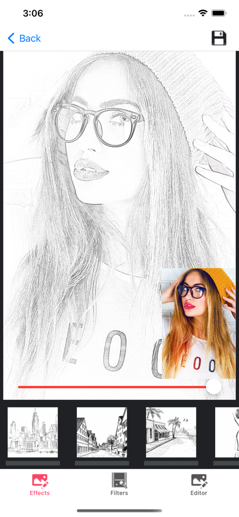 모바일 AI 사진 편집 앱을 사용하여 만들어진 안경 쓴 여성의 사실적인 연필 스케치 초상화.