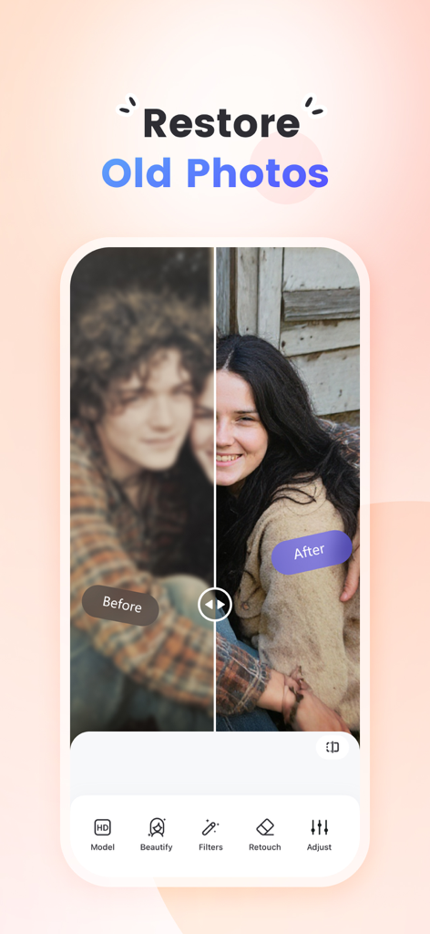 Una comparación de antes y después de una foto antigua siendo restaurada y desenfocada usando PicWish AI
