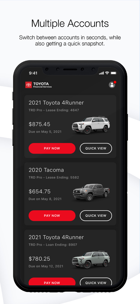 Toyota Financial Services App Dashboard, das mehrere Fahrzeugleasing- und Kreditkonten mit Zahlungsdetails und Jetzt bezahlen-Buttons anzeigt.