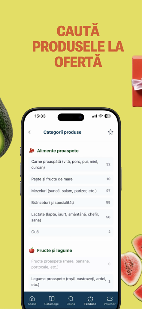 CROCO.md - Pantalla de la aplicación móvil CROCO.md que muestra categorías de comestibles como alimentos frescos y productos para comparar precios y ofertas.