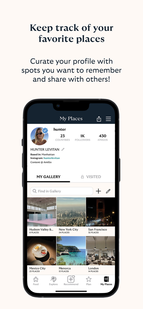 AmiGo Travel: Tips & Guides - User profile on the AmiGo Travel app showing a curated gallery of favorite places in New York San Francisco and other cities