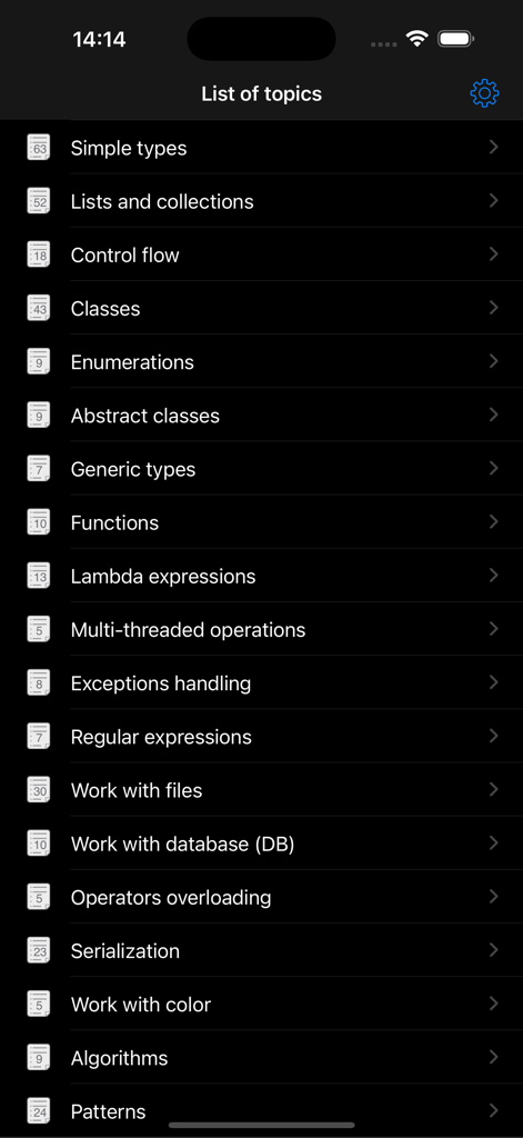 Una lista de temas de programación en la interfaz de la aplicación Python y SQL Pro, incluyendo Flujo de control y Clases.