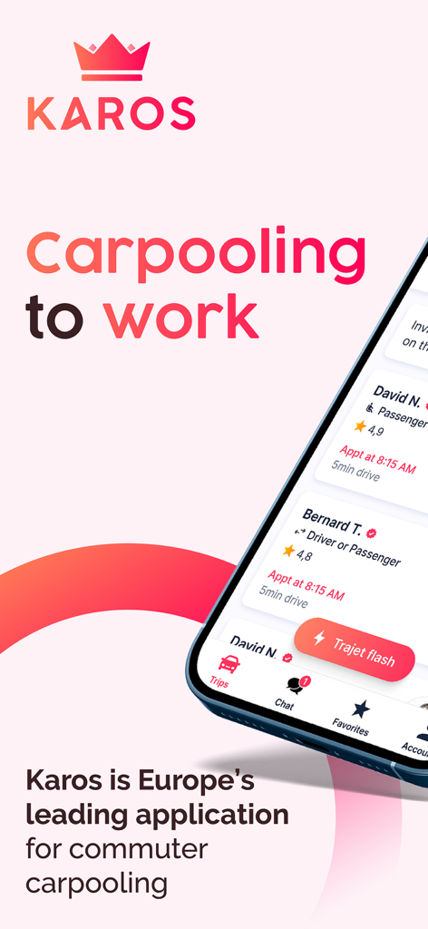 Karos - Commuter carpooling - Interfaz de la aplicación Karos que muestra una lista de coincidencias de carpooling y el lema carpooling al trabajo