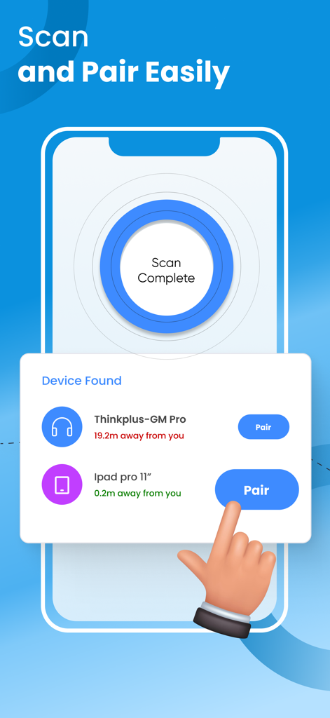Bluetooth Finder - Scanner - Interface of the Bluetooth Finder app showing a list of discovered devices with distances and pair buttons