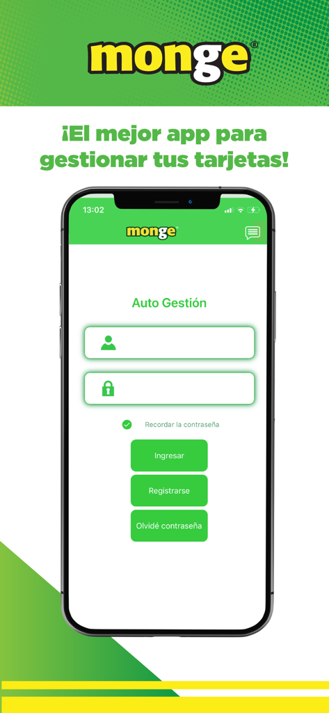 Tarjetas Monge - Pantalla de inicio de sesión de la aplicación móvil Tarjetas Monge que muestra campos para credenciales de usuario y opciones de autogestión.