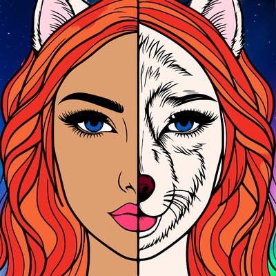 split face realistic woman and wolf