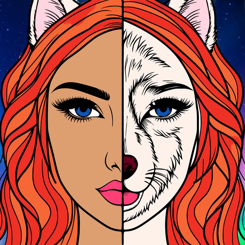 split face realistic woman and wolf