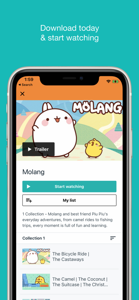 Kidstream - Kidstream app display showing Molang series details and episode list for kids