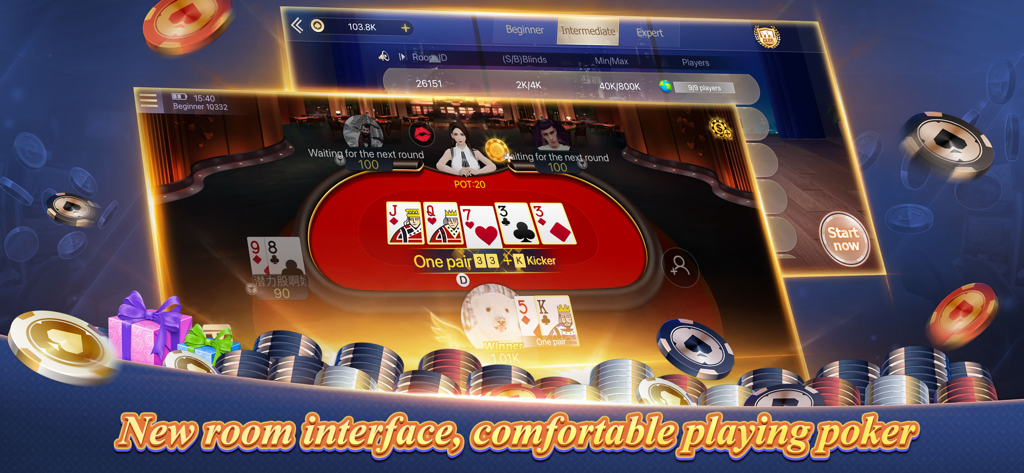 Une capture d'écran de l'application Texas Poker EN montrant une table de poker et une main gagnante