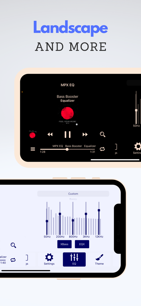 Music Player X : Equalizer - Landscape interface of Music Player X showing equalizer and bass booster settings