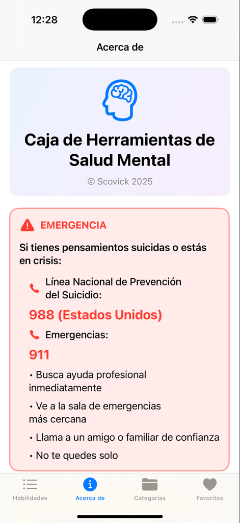 Caja de herramientas de TCC - Página de contacto de emergencia en español que muestra líneas directas de crisis y recursos de salud mental para los Estados Unidos.