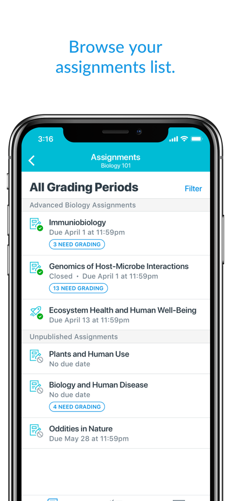 Canvas Teacher - Interfaz de la aplicación móvil Canvas Teacher mostrando una lista de tareas del curso y estado de calificación.