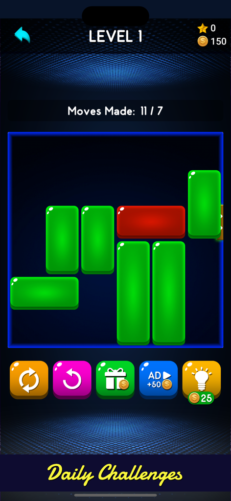 Q Block: Unblock Puzzle Board - Tela de jogo do Q Block mostrando um quebra-cabeça de blocos deslizantes com blocos verdes e um bloco vermelho alvo