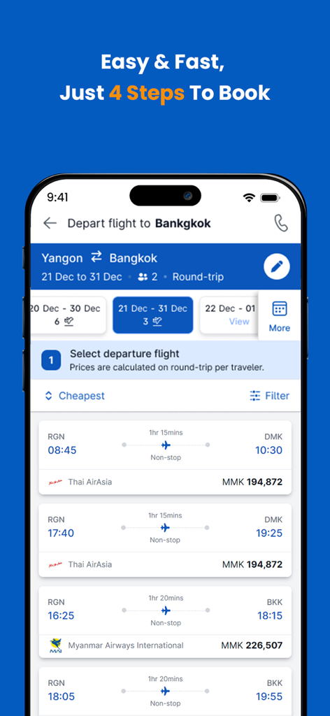 Oway Travel app screen showing domestic and international flight search results from Yangon to Bangkok with prices and airline details