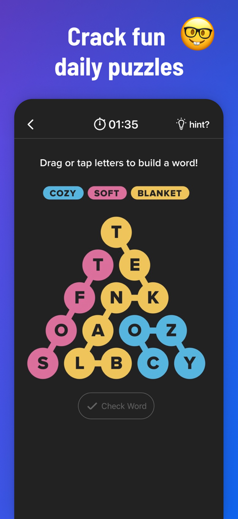 BuzzFeed app screen showing a colorful word search puzzle game with the text Crack fun daily puzzles.
