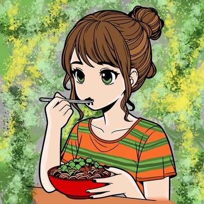 a realistic girl, eating food