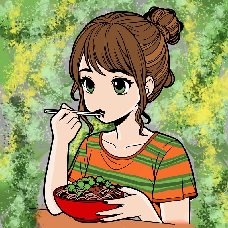 a realistic girl, eating food