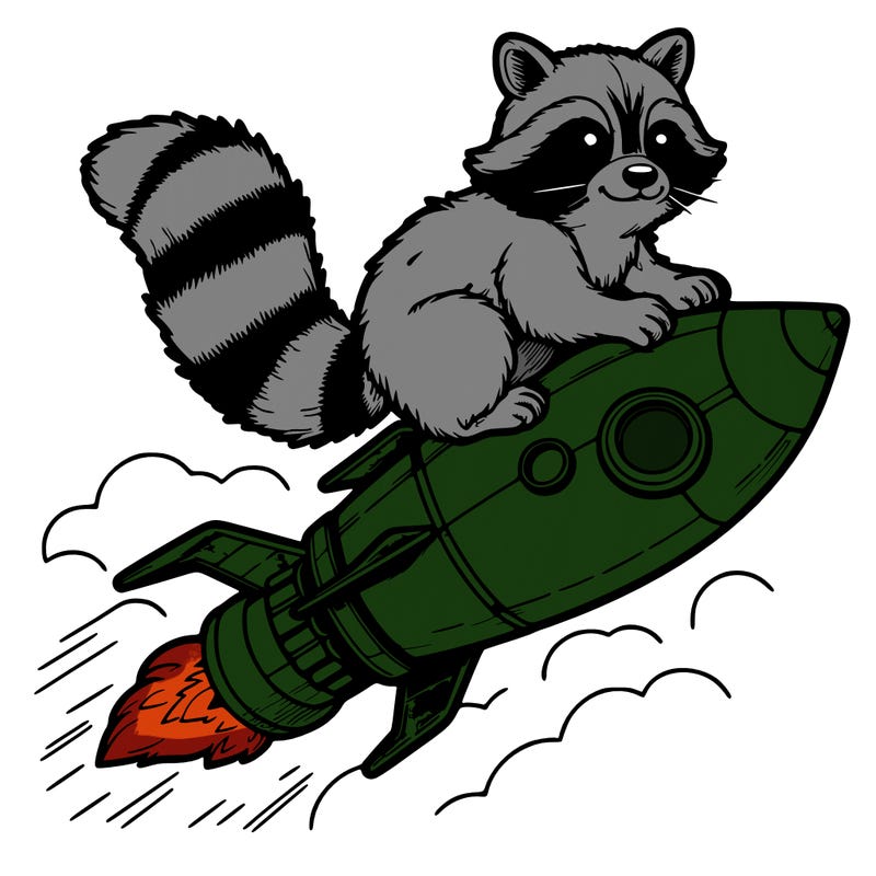 realistic raccoon flying on top rocket ship